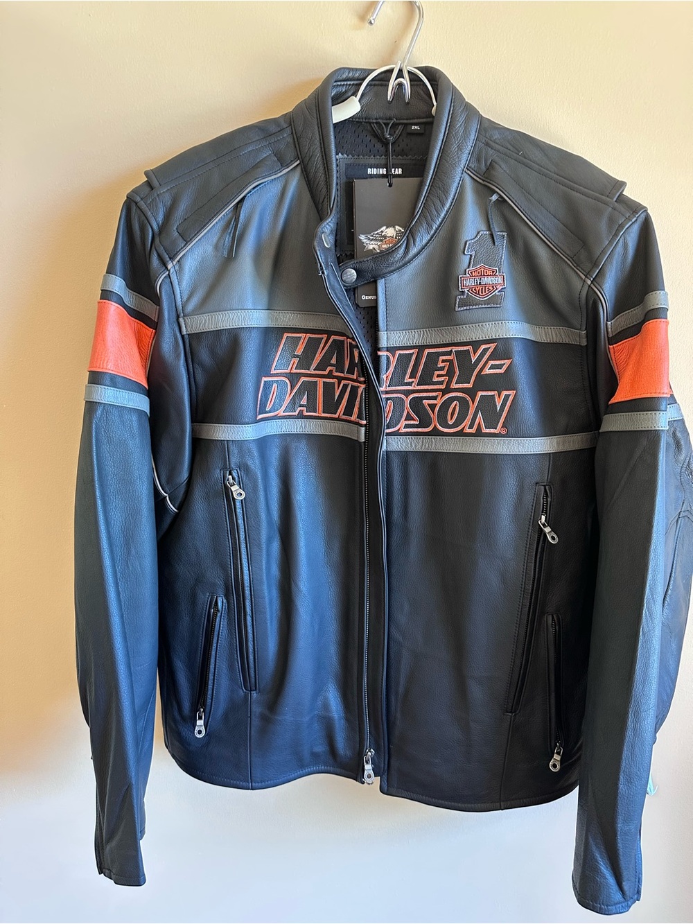 Harley-Davidson Black & Orange Men’s Leather Bomber Jacket, 2XL.
